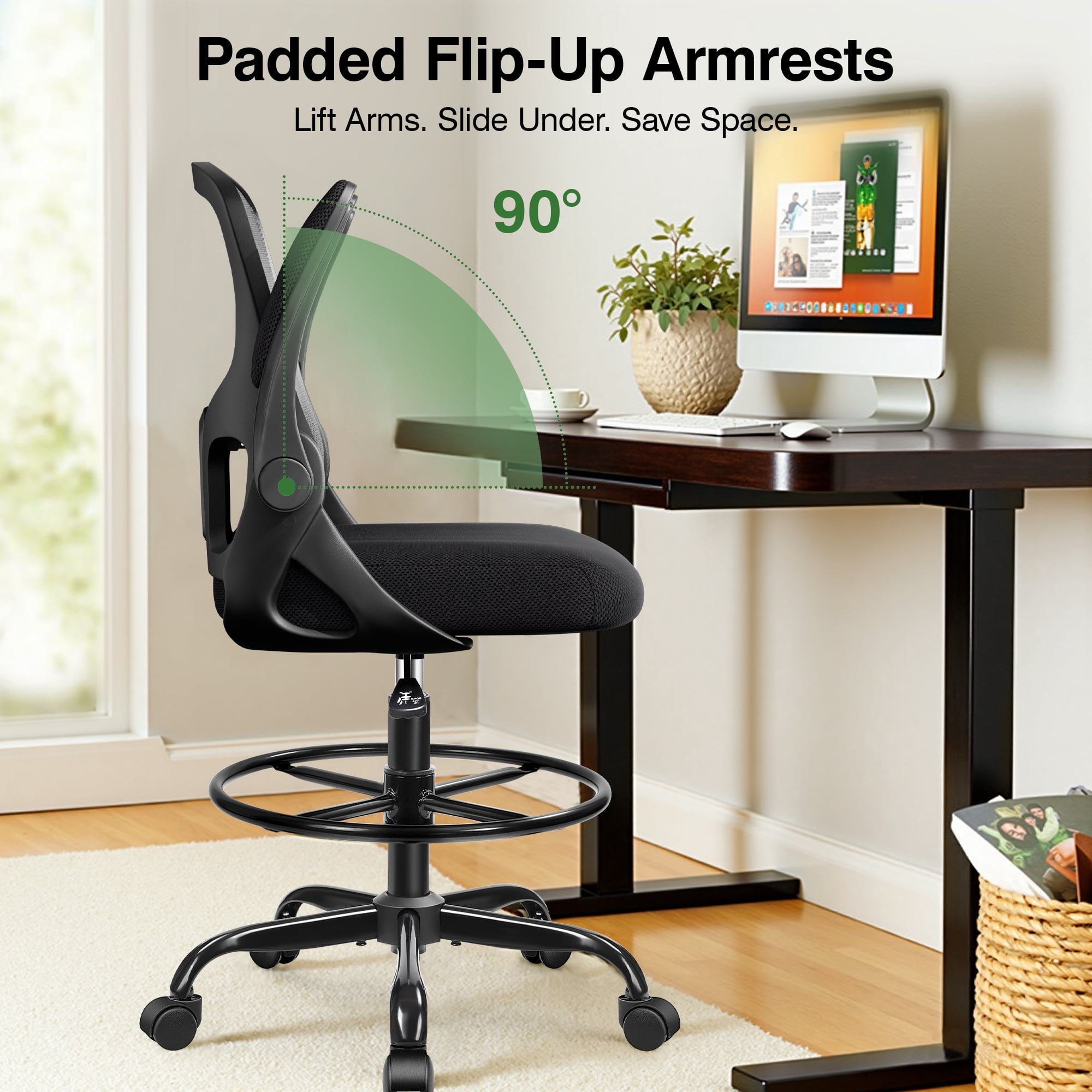 ATHOPE Office Chair Ergonomic Desk Chairs, Mesh Computer Chair with Flip-up Armrests, Adjustable Home Office Desk Chair with Lumbar Support Footrest Ring for Standing Desk, Black
