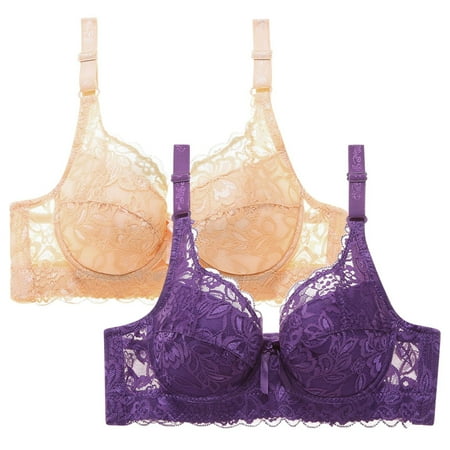 WREESH Womens Lace Bralette Comfortable Everyday Push Up Bra Soft Padded Wireless Plunge Bra Adjustable Strap Underwear 2 Pack Beige
