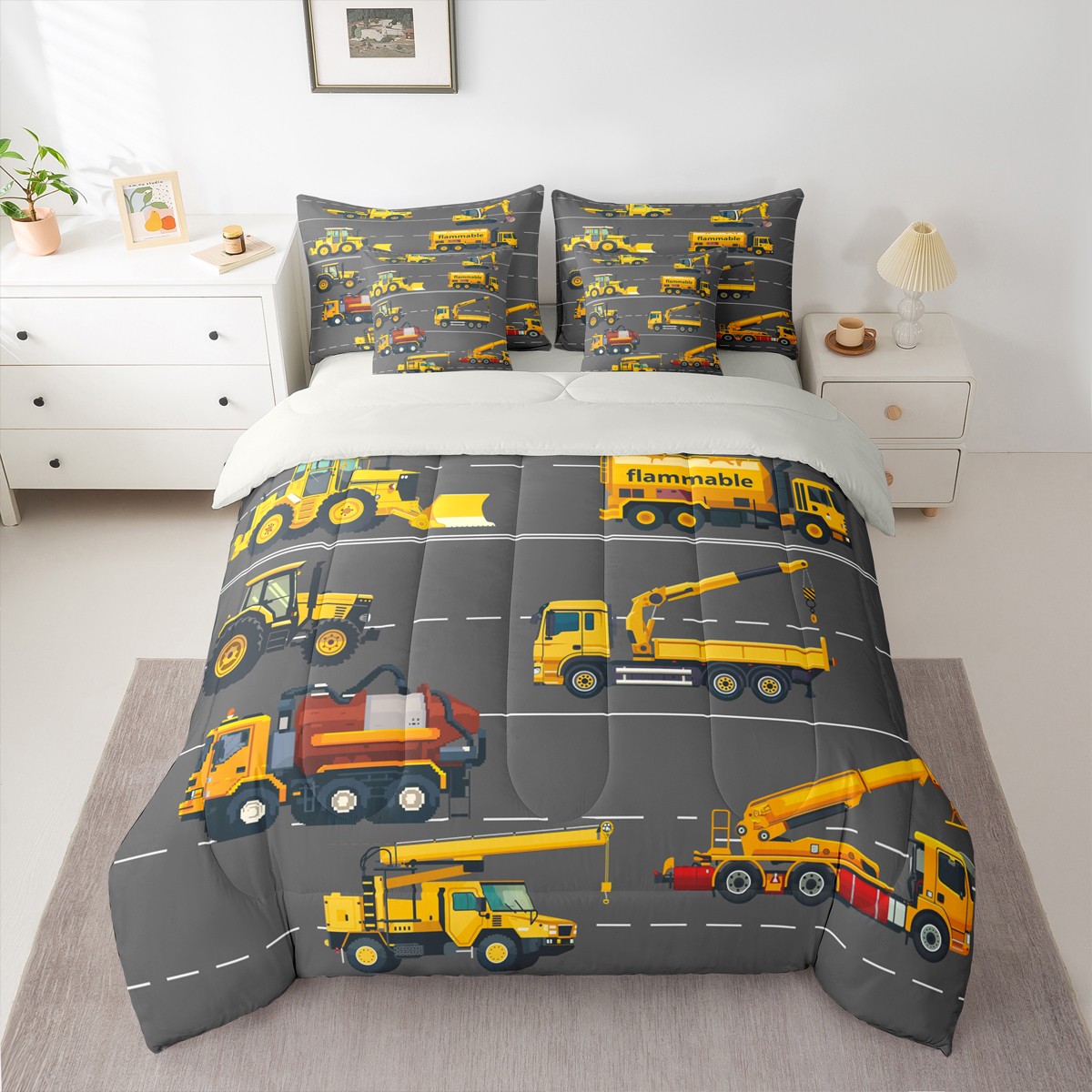 Homewish Construction Vehicles 7-Piece Twin Bedding Sets,Flammable Bedding Comforter Set,Brown Brown Sheet Sets For Boys Kids,Super Cozy Room Decor Reversible