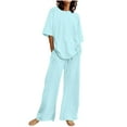 thumbnail image 1 of Timegard Womens 2 Piece Sets Half Sleeve Drop Shoulder Top and Drawstring Wide Leg Pants with Pockets Eyelet Sets, 1 of 5