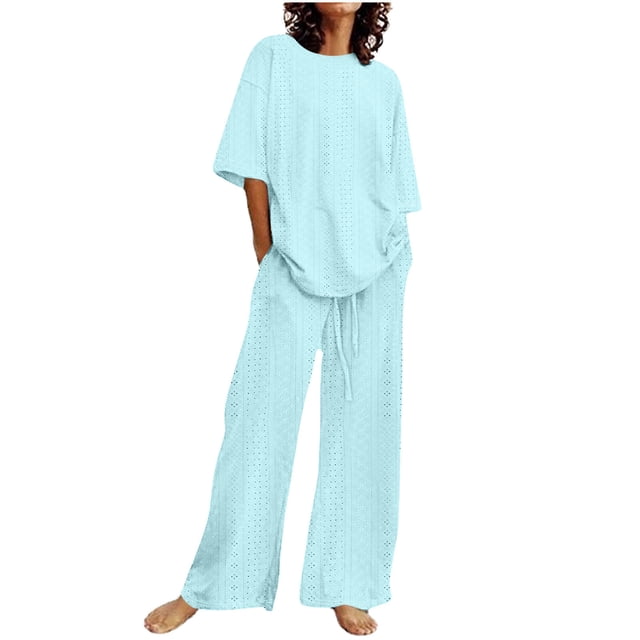 Timegard Womens 2 Piece Sets Half Sleeve Drop Shoulder Top and Drawstring Wide Leg Pants with Pockets Eyelet Sets