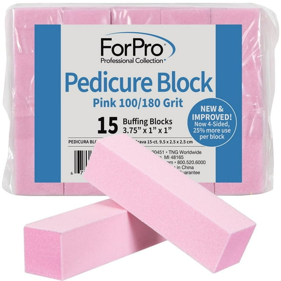 ForPro Pink Pedicure Block, 100/180 Grit, Three-Sided Pedicure Nail Buffer, 3.75” L x 1” W x 1” H, 15-Count