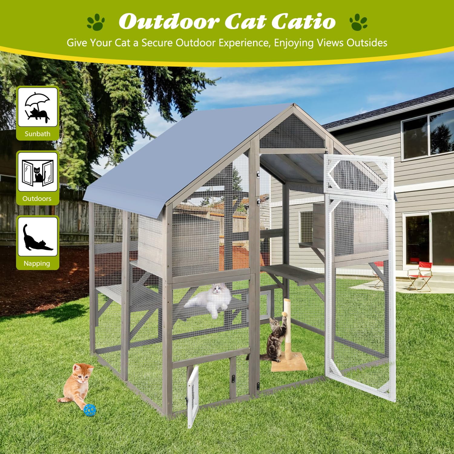 Large Outdoor Catio Cat Enclosure, Walk-in Wooden Cat House with Waterproof Cover, Multi-Level Play Platforms & Sleeping Houses, Grey