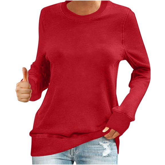 successthop Sweatshirts for Women Crewneck Long Sleeve Sweater Lightweight No Hood Pullover Tops Solid Trendy Blouse Red