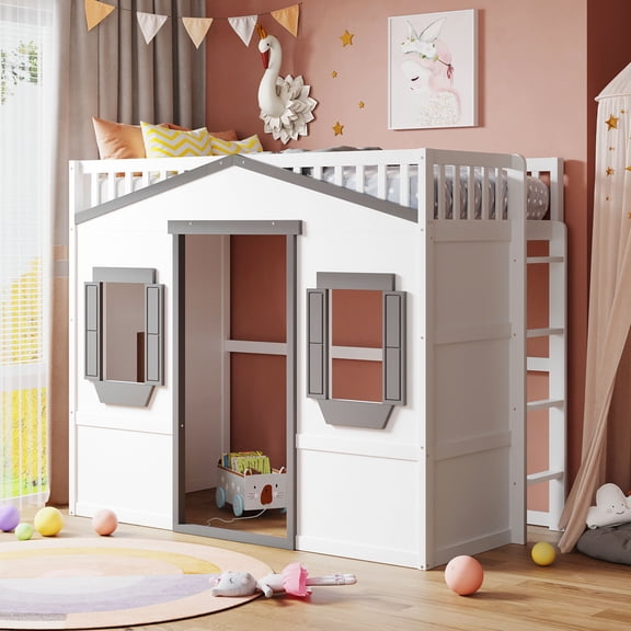 Harper & Bright Designs Twin Size House Loft Bed with Window and Door, Solid Wood Playhouse Loft Bed Frame with Full Length Guardrail, White gray
