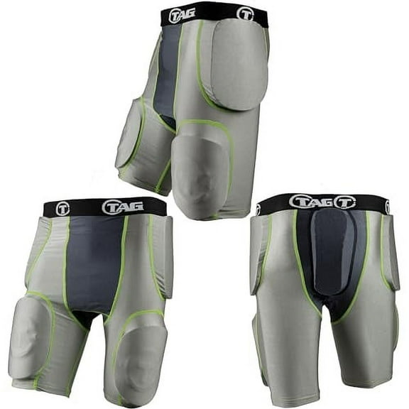 TAG Youth 5-Pad Integrated Girdle - Moisture-Wicking Compression Girdle for Football - Cup Pocket - Sewn-in Hip, Tail, and Thigh Pads - Grey with Black Elastic Waistband