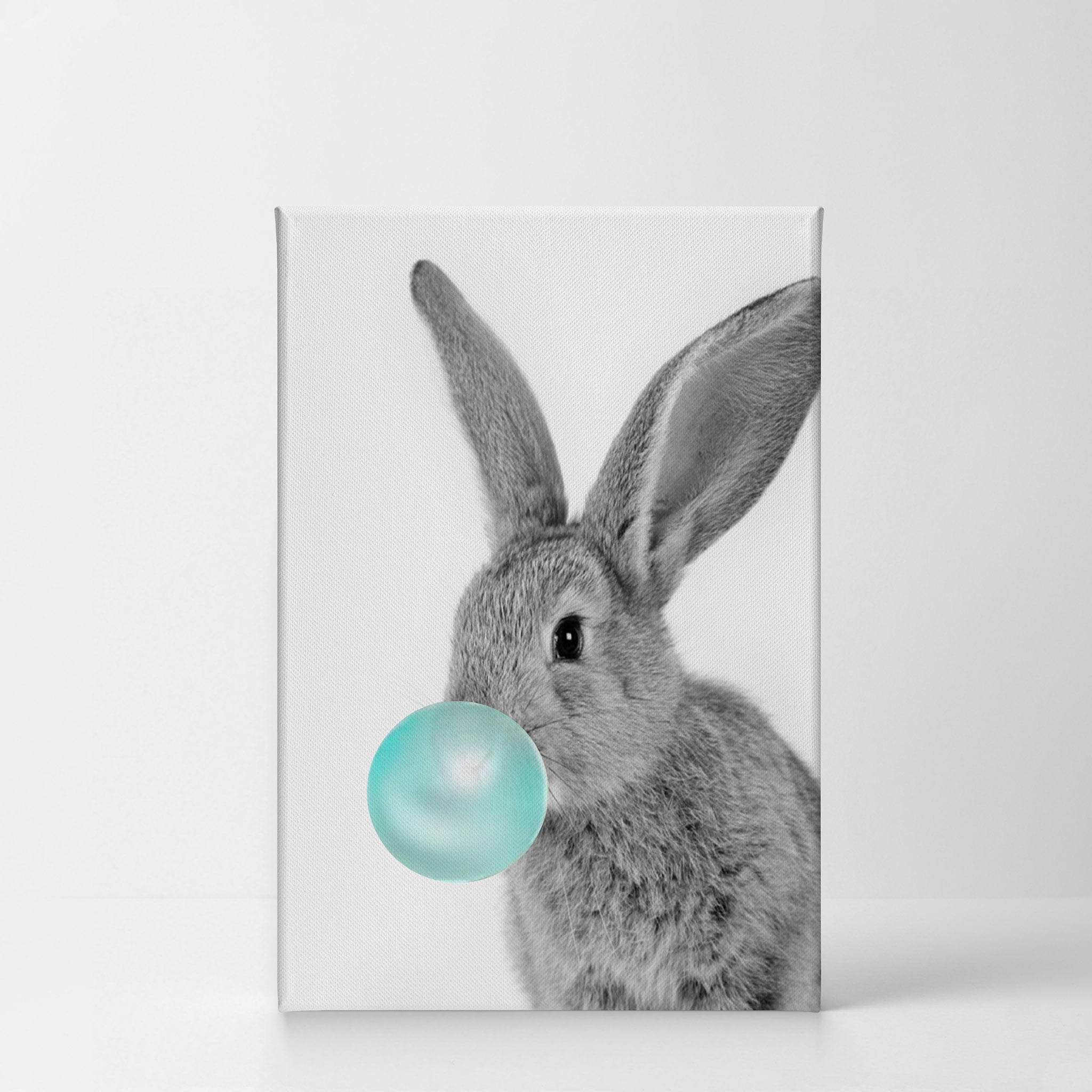 Smile Art Design Bunny Rabbit Animal Bubble Gum Art Teal Blue CANVAS PRINT  Black and White Wall Art Home Decoration Pop Art Living Room Kids Room Decor  Made in the USA 40x30