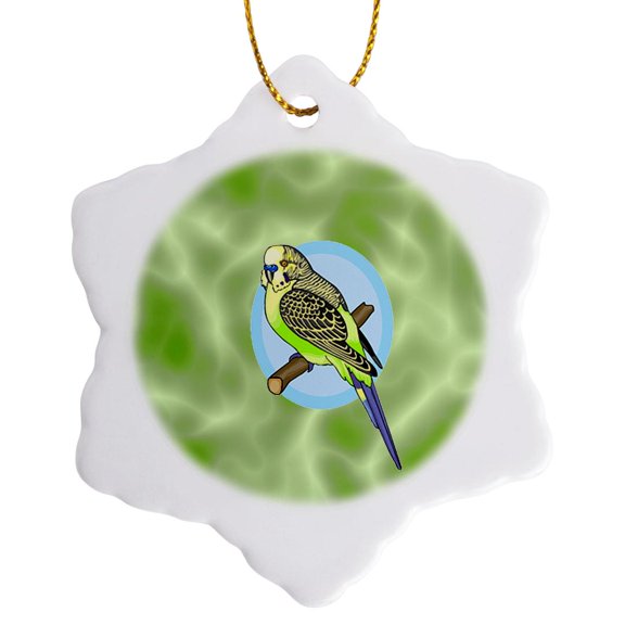 3drose, Parakeet on a Limb with Green Background, 3 inch Snowflake Porcelain Ornament