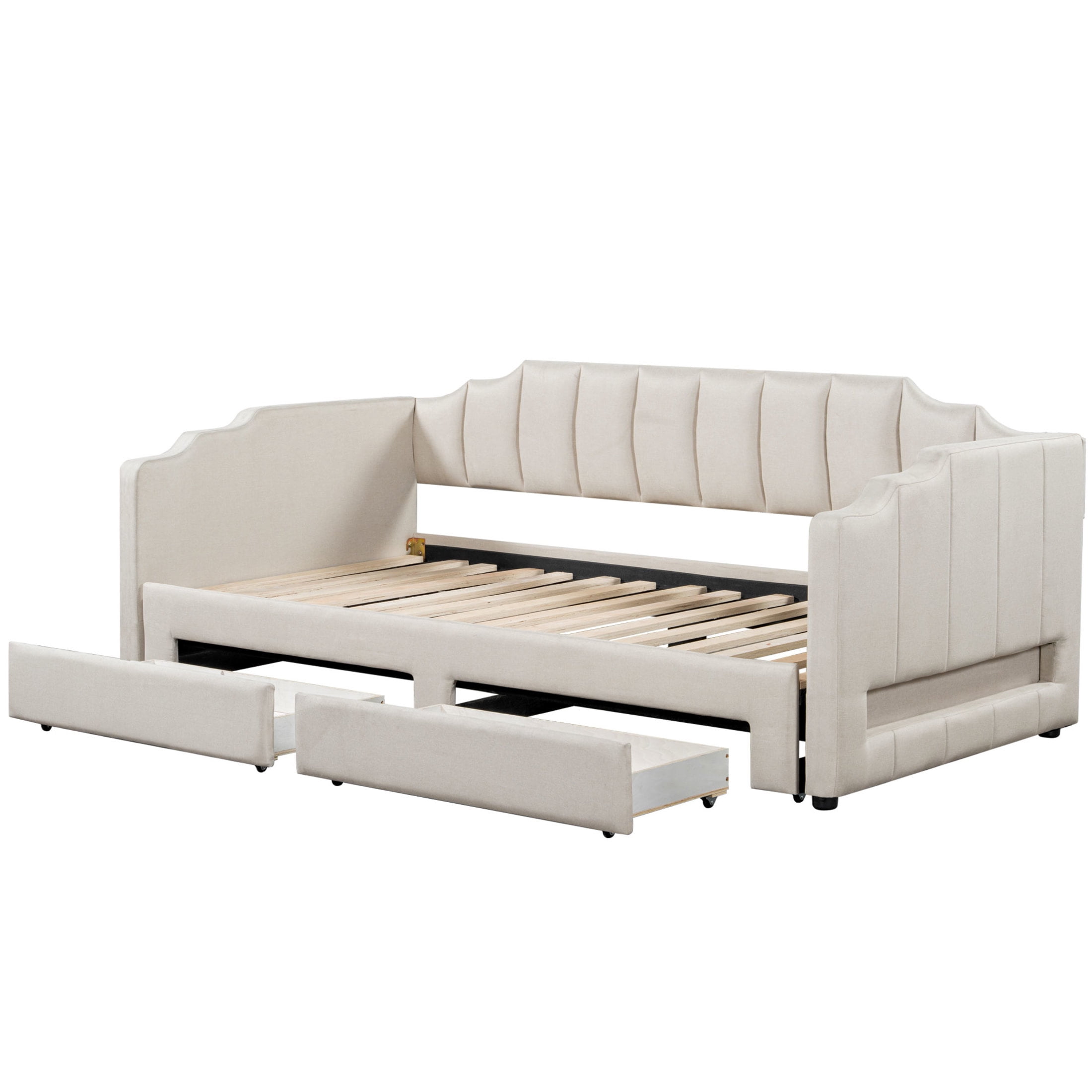 Noble House Twin XL to King Extendable Daybed with LED Light and Storage Drawers, Linen Upholstered, Beige