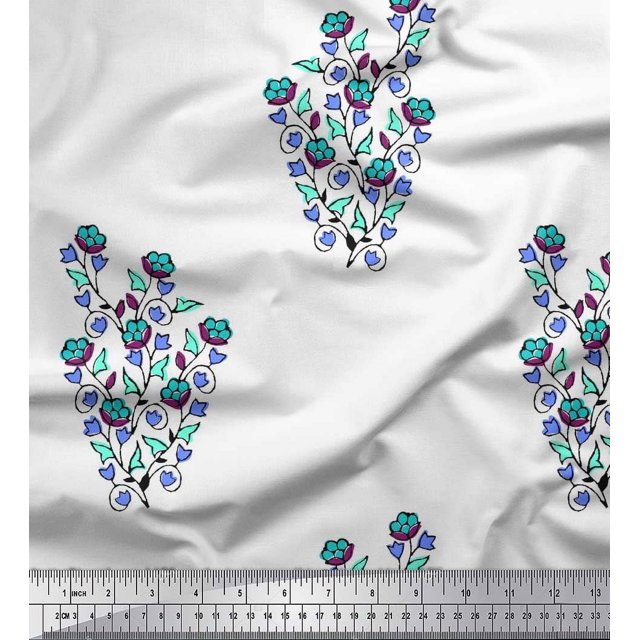 Soimoi Silk Fabric Leaves & Floral Block Fabric Prints by Yard 42 Inch Wide