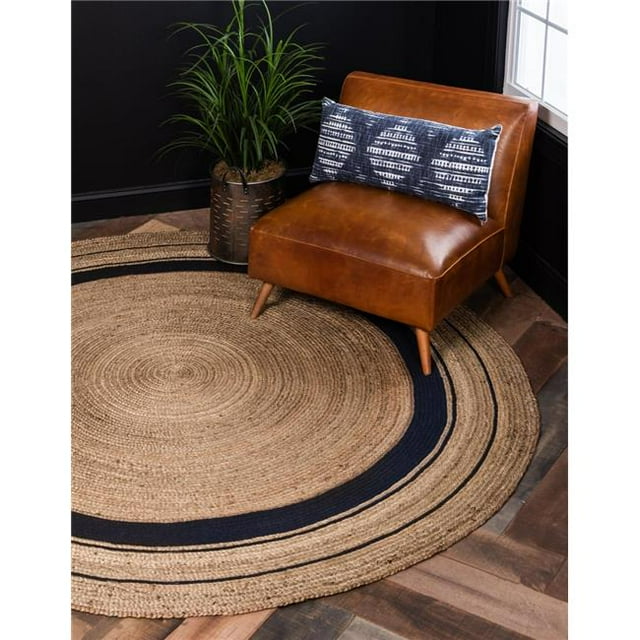 Unique Loom 3142892 Tapis en Jute Tressé 3 Pi. 3 x 3 Pi. 3 Rond, Naturel & Bleu Marine