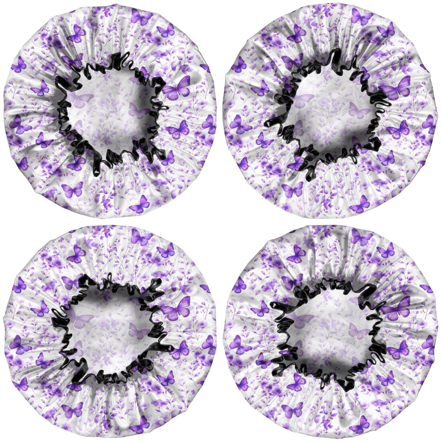 Shower Caps,White Purple Butterfly Flower Pattern Waterproof Shower Cap for Women 4 Pieces,Double Reusable Hair Cover for Shower PEVA Elastic Stretch Hem