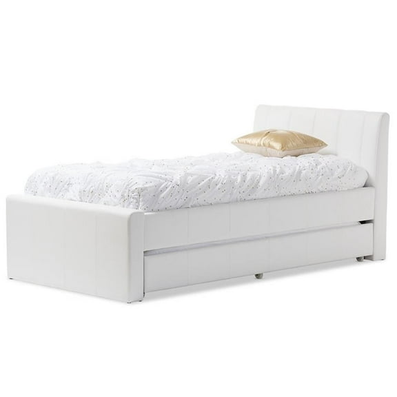Pemberly Row Modern Faux Leather Twin Platform Bed with Trundle in White