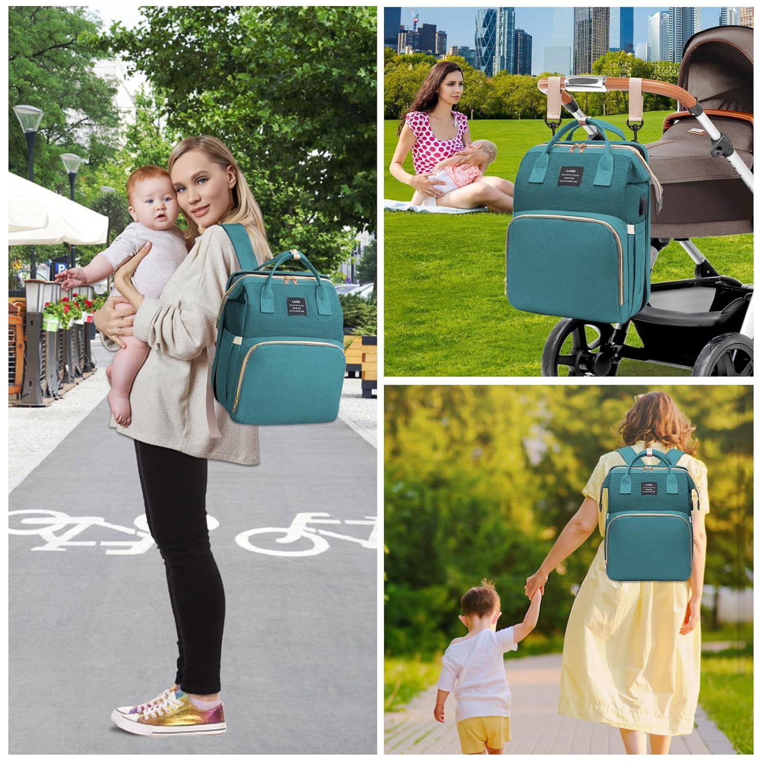 RSENFREMIOR Diaper Bag with Changing Station for Mom Dad, Large Capacity Travel Backpack with Stroller Straps ,3 in 1 Waterproof Foldable Changing Bag with Foldable Crib for Girls Boys