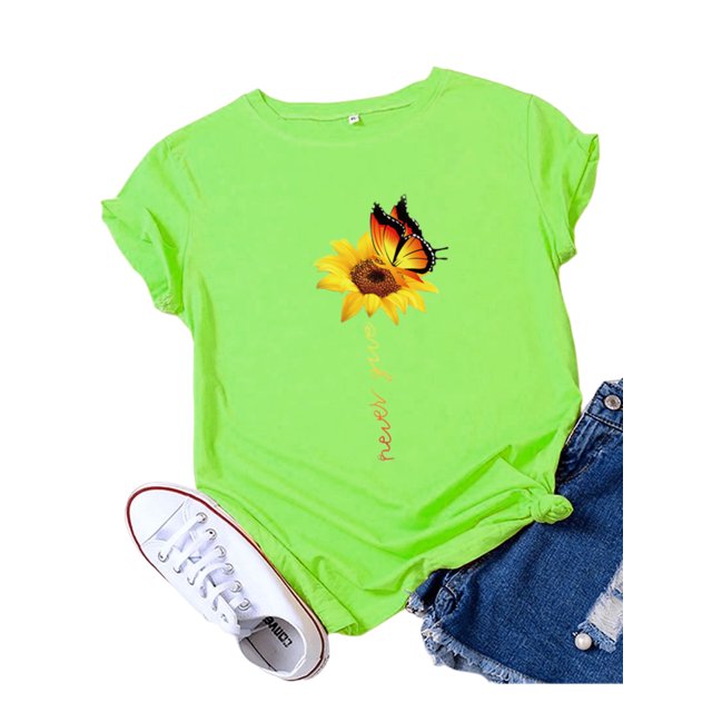 Innerwin T-Shirt Papillon Imprimé Lettres pour Femmes Manches Courtes Basiques Vert P