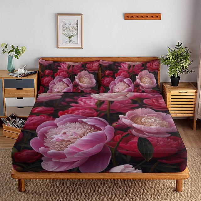 Flower Fitted Sheet Set with Pillowcase 3D Rose Printed Bedding Set Home Bedroom Decor,Full(54"x75")