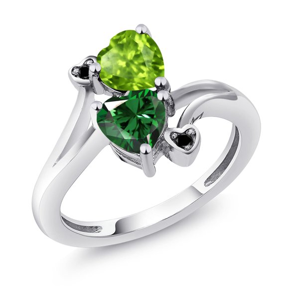 Gem Stone King 1.54 Cttw Green Peridot Green Nano Emerald and Black Diamond Ring for Women | 925 Sterling Silver | Heart Shape 6MM | Wedding Engagement Anniversary Promise Ring for Women | Size 5