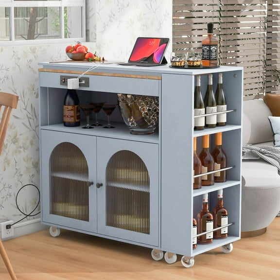Oufan Kitchen Island with Extendable Dining Table, Rolling Kitchen Storage Cart on Wheels with LED Lights,Power Outlets and 2 Fluted Glass Doors and Side 3 Open Shelves for Dining Room, Gray Blue