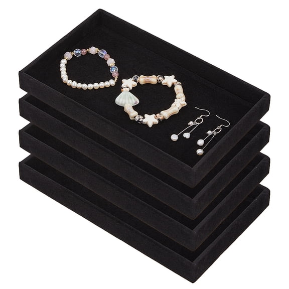 4Pcs Velvet Jewelry Trays Black Rectangle Jewelry Display Trays DIY Stackable Rings Necklaces Holder Tray Empty Jewellery Organizer Showcase Tray