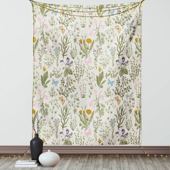 Floral Tapestry, Vintage Garden Plants with Herbs Flowers Botanical Classic Design, Wall Hanging for Bedroom Living Room Dorm Decor, 60W X 80L Inches, Beige Reseda Green Pink Blue, by Ambesonne