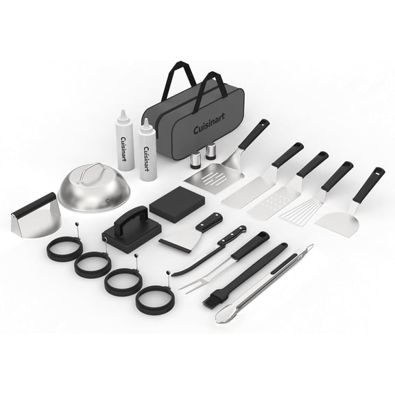 Cuisinart 24-Piece Griddle Tool Set with Storage Tote, Stainless Steel Flat Top Grill Accessories with Spatulas, Melting Dome