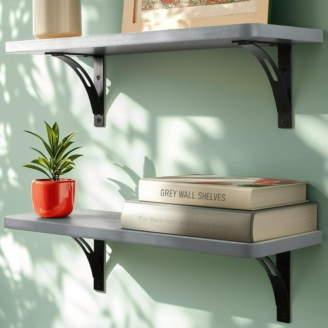 Reinforced Steel Bracket Room Shelves for Bedroom Wall - Easy to Install Template and Video Included - Wall Mounted Rustic Wood Shelves for Bathroom Home Décor