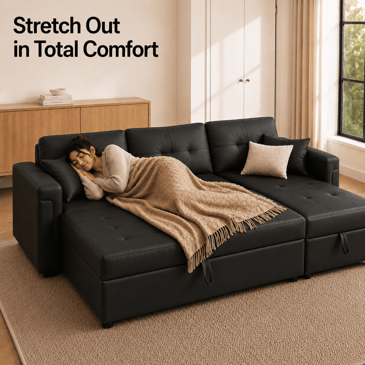 Naomi Home Laura Modern L-Shaped Air Leather Sleeper and Storage Sectional Sofa, Black