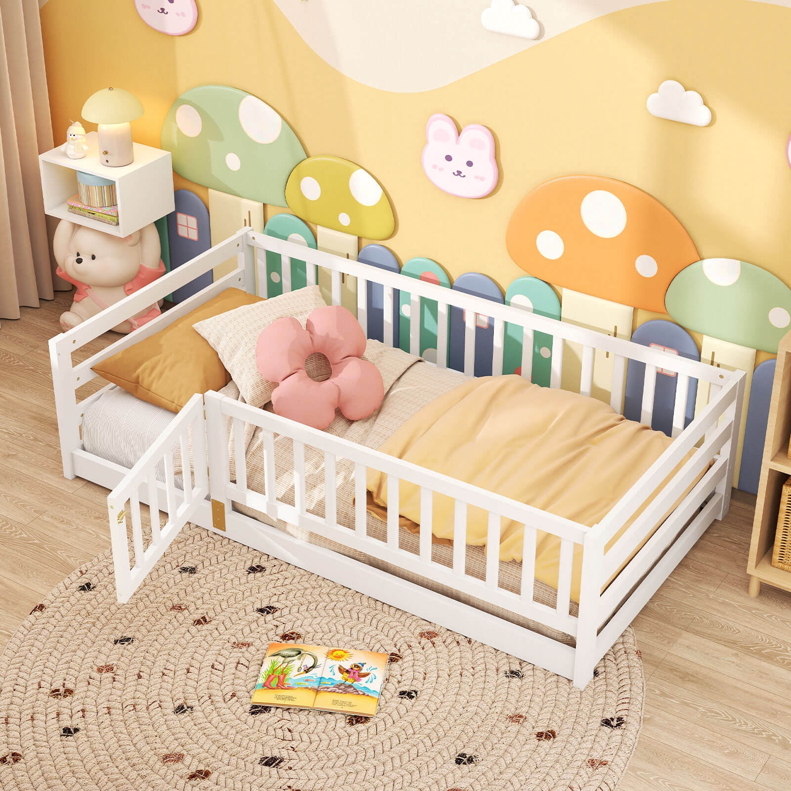 Infans Twin Size Floor Bed w/High Fence & Door Safety Guardrails Wood Floor Bed Frame