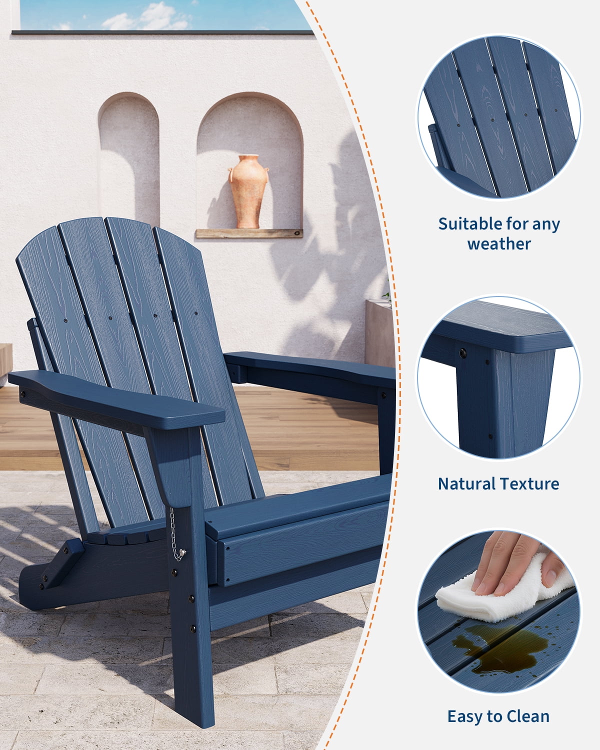 SOLLED Folding Patio Chair, Heavy Duty HDPE Adirondack Chair with 380 lbs Capacity & Cup Holder, All-Weather Outdoor Chair for Backyard Poolside Garden,Navy Blue