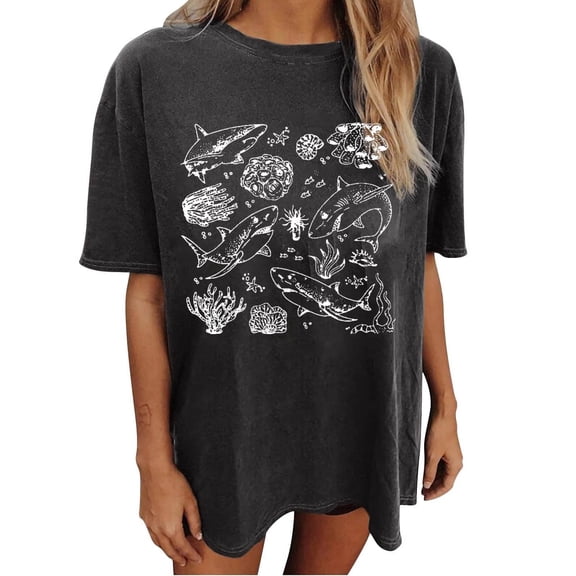 Shark Shirt for Women Oversized Beach Shirts Ocean Animals Whale T-Shirt Hawaiian Vacation Short Sleeve Tops Trendy 2026