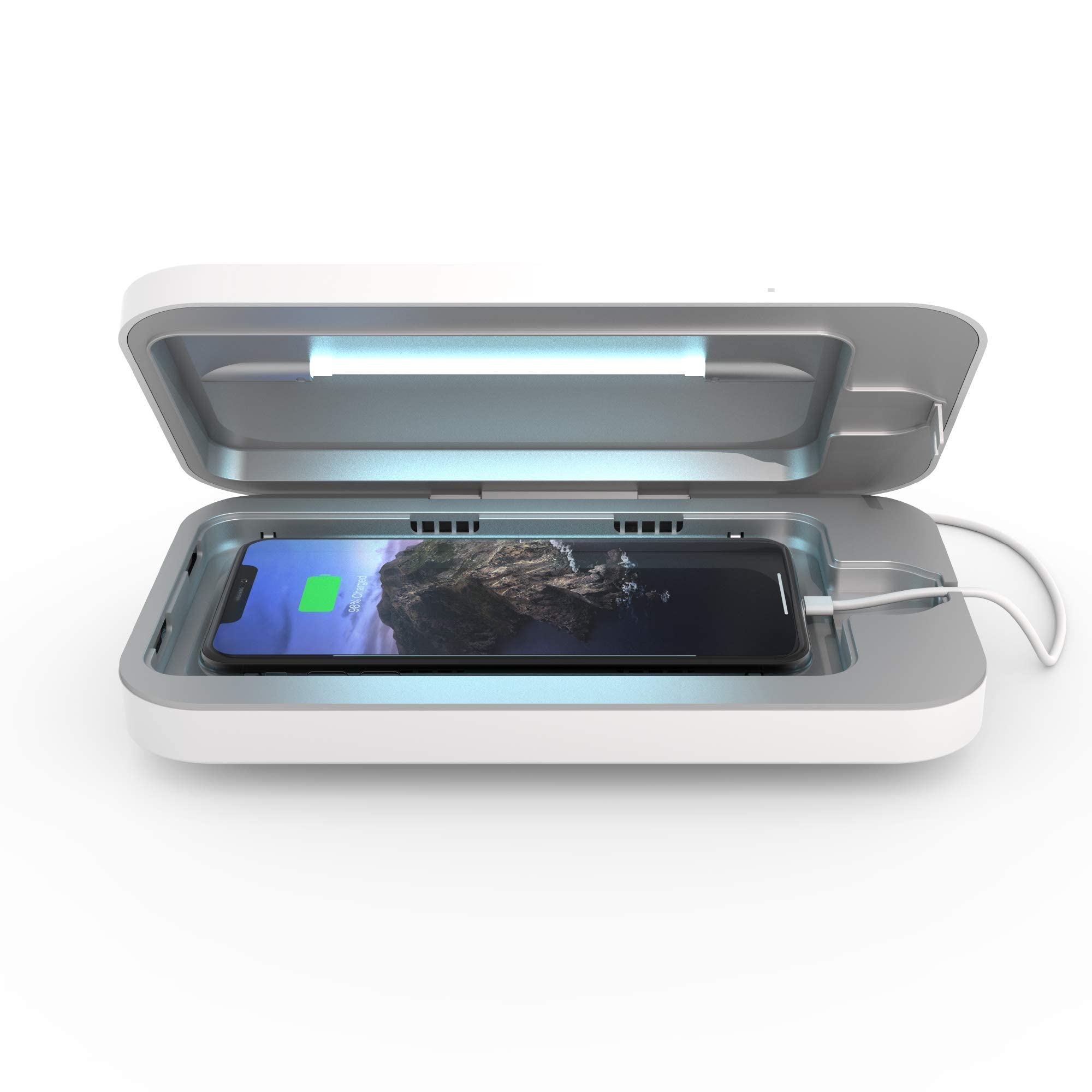 PhoneSoap Go Battery Powered UV Cell Phone Sanitizer & Phone Charger Box | Patented & Clinically Proven 360-Degree UV Sanitizer Box for Smartphones | Disinfects & Charges On The Go (White) Y201
