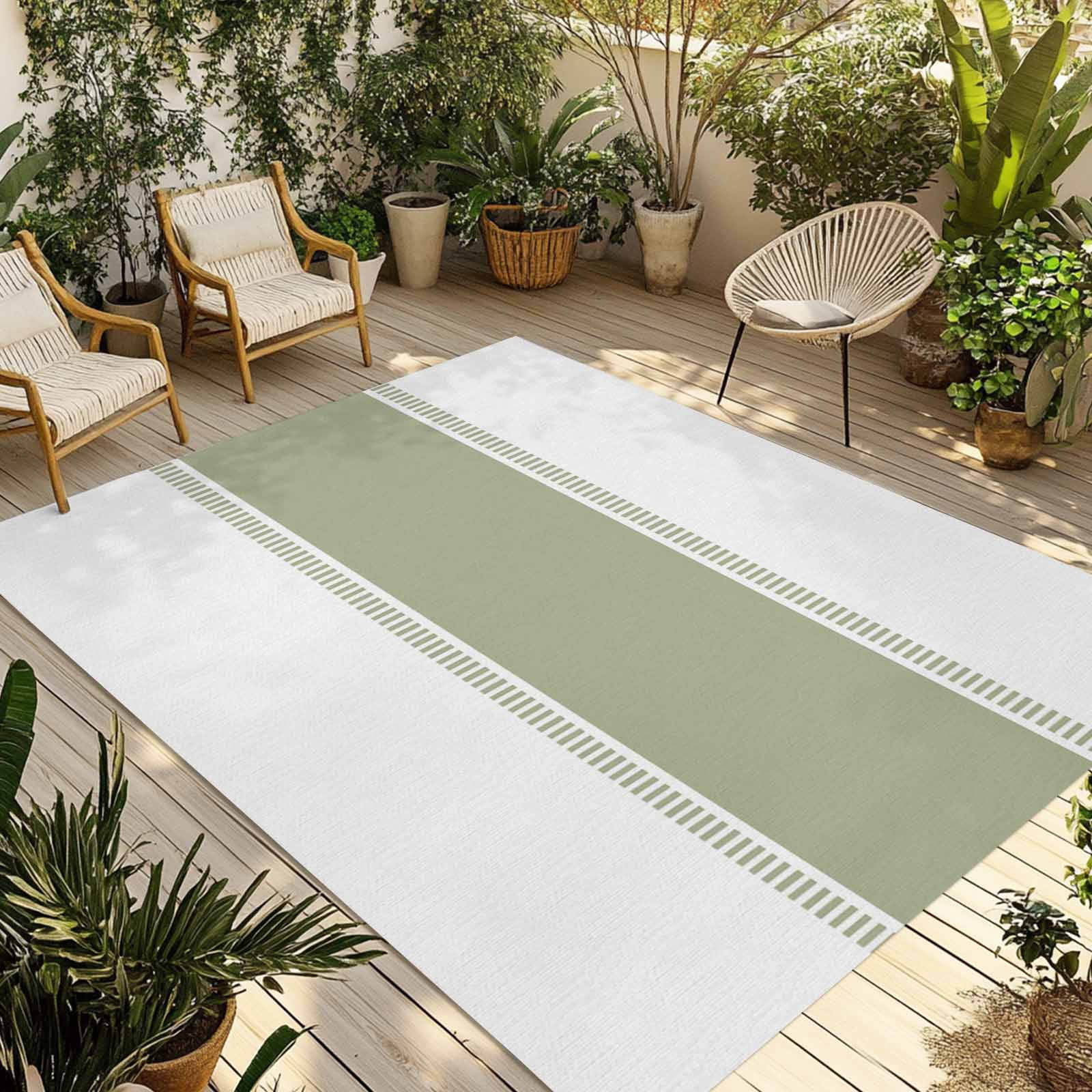 Outdoor Rug 5x8ft Sage Green Large Area Rug Stripe Indoor Outdoor Carpet Outdoor Rugs Mats for Patio Camping,RV,Front Door, Outside Decor