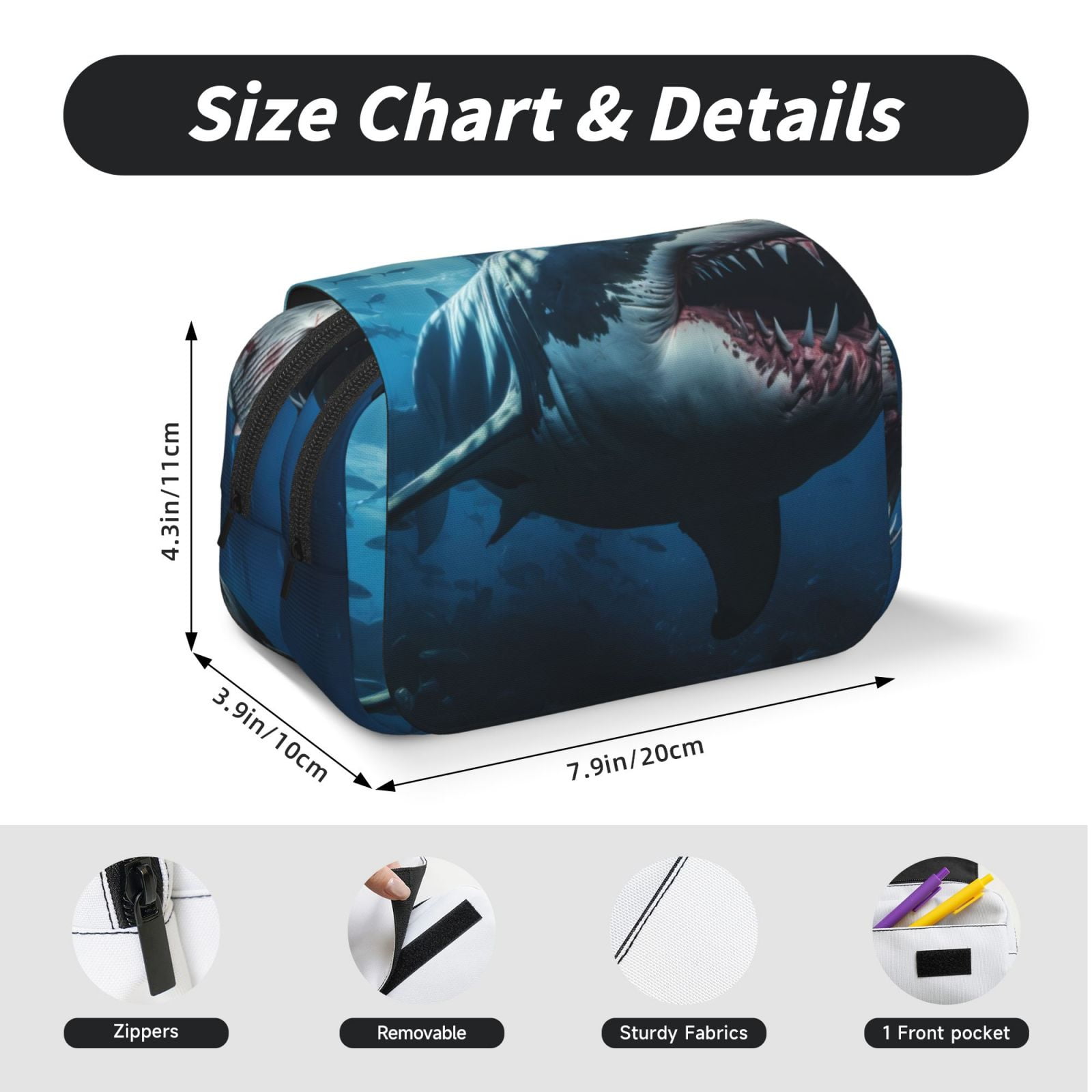 Rateoe 3D Realistic Shark Pattern Double Clamshell Pen Case, Storage Organizer with Two Zipper Compartments– Holds Up to 50 Pencils & Pens