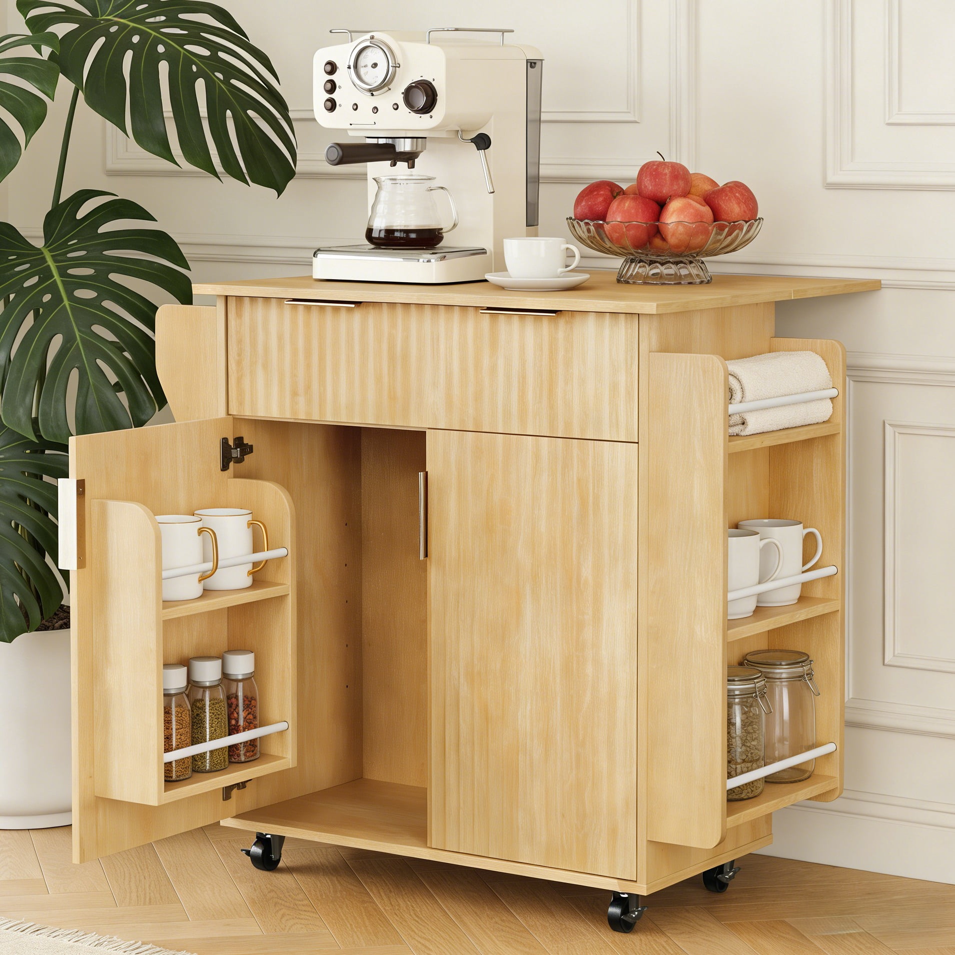 Hodedah キッチンパントリー　グレイ×オーク Hodedah Microwave Contemporary Wooden Kitchen Cart in Cherry