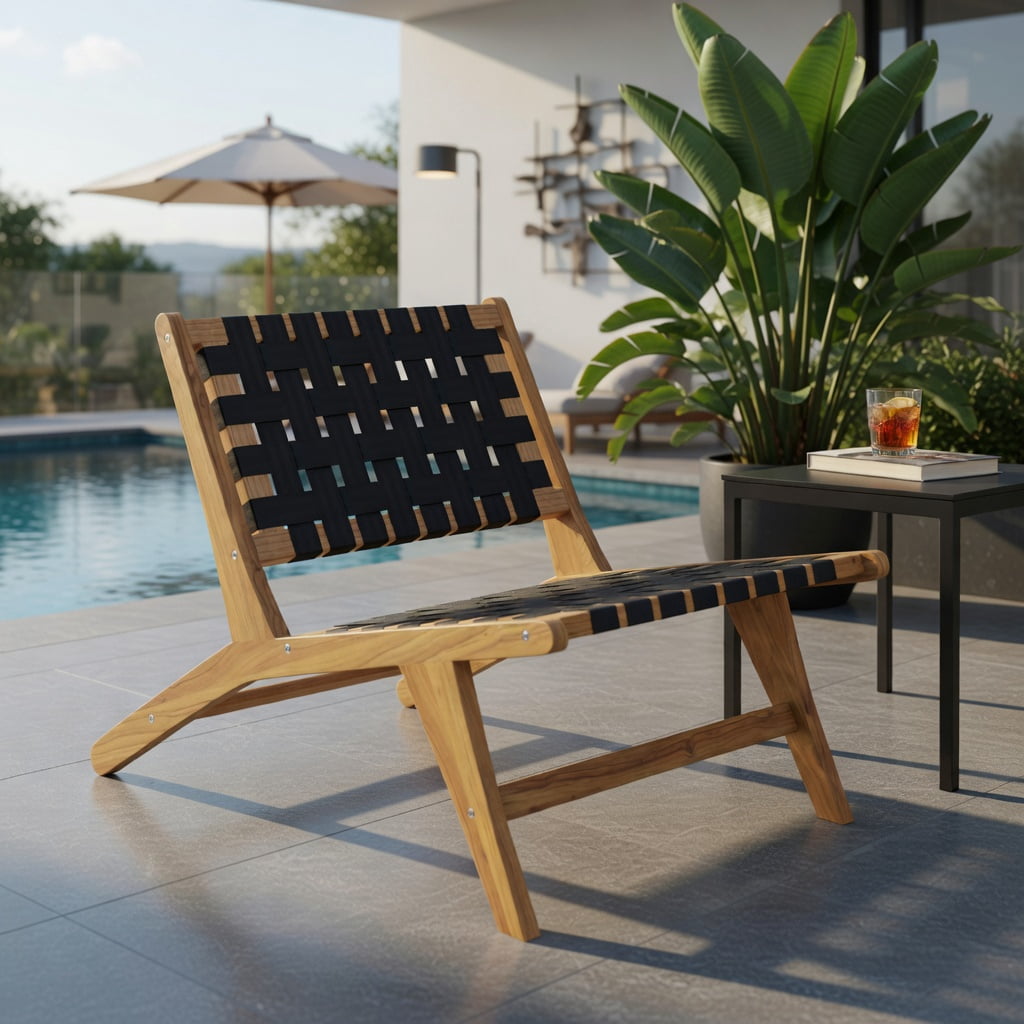 Hommoo Indoor & Outdoor Teak Wooden Chair with Woven Webbing Seat and Ergonomic Backrest, Lightweight & Weather-Resistant Patio Seating, Natural + Black