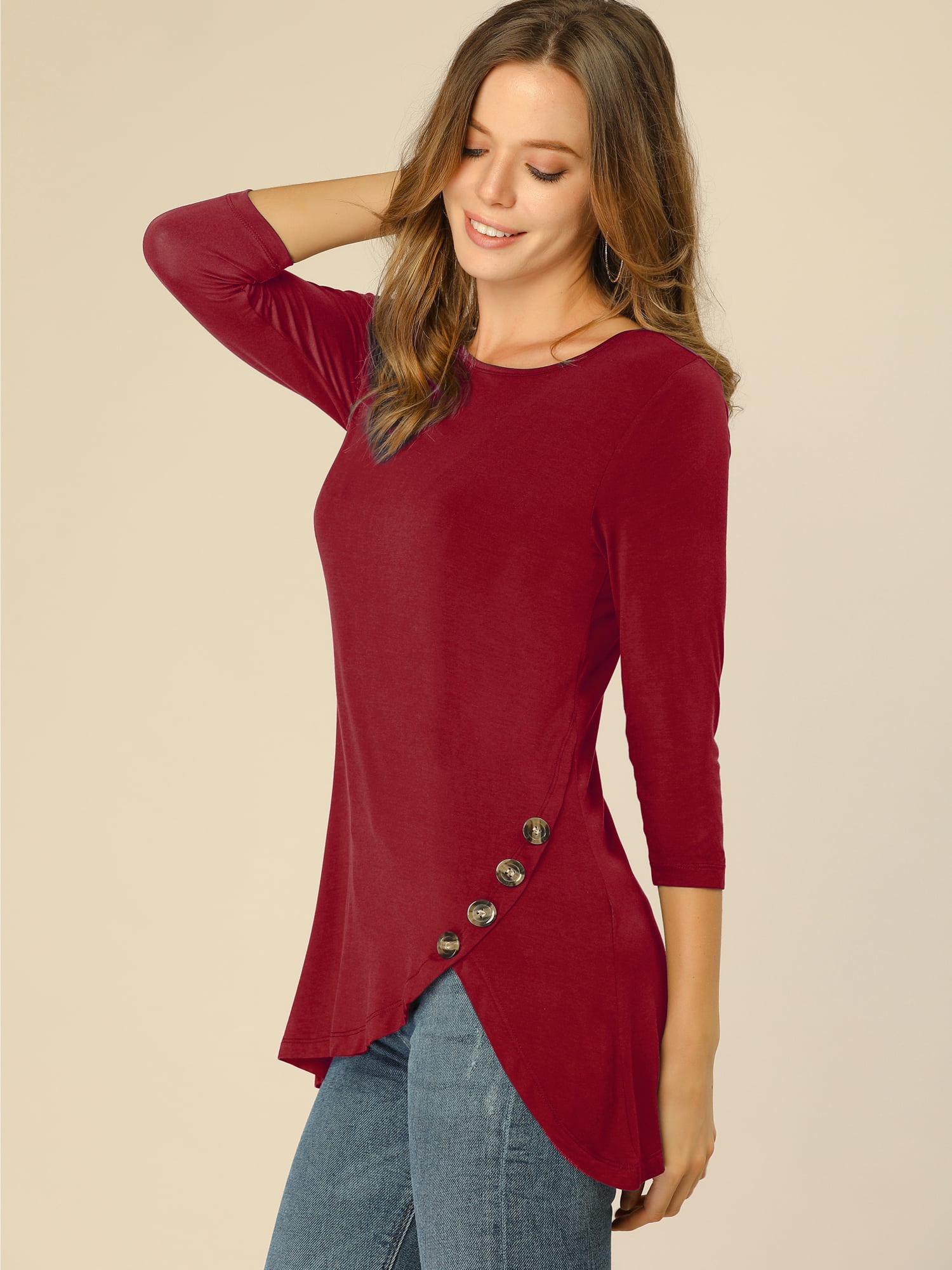 DARING DIVA Women's Casual Stretchy Tunic Asymmetric Hem Top XS Burgundy