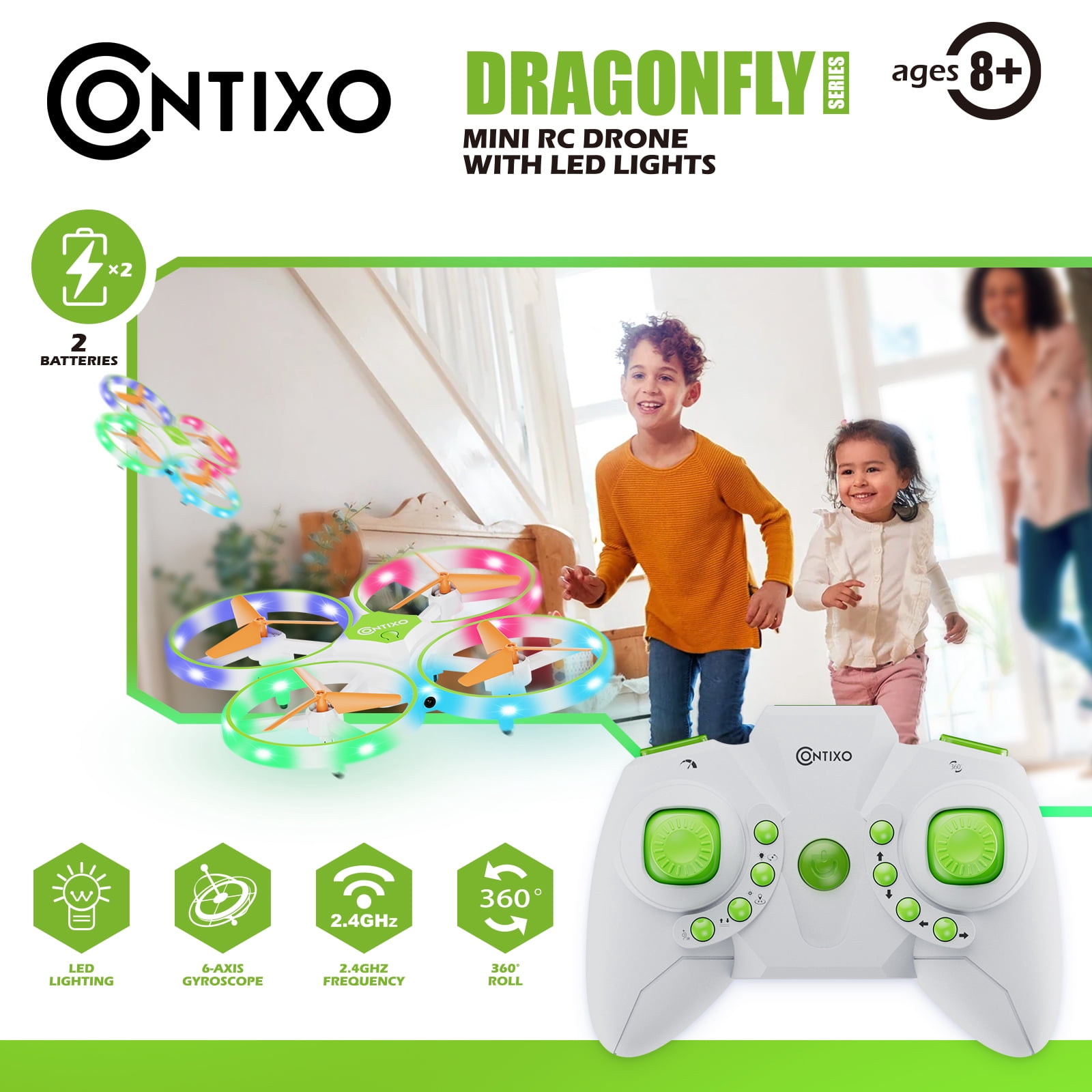 Contixo Mini Drones for Kids, Kids Drone with LED Lights, Altitude Hold, and 16-Min Flight, Green Dragonfly