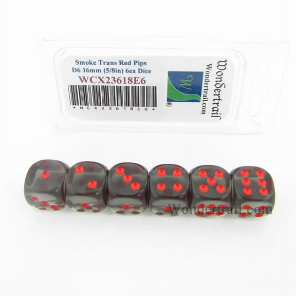 Smoke Translucent Dice with Red Pips D6 16mm (5/8in) Pack of 6 Wondertrail