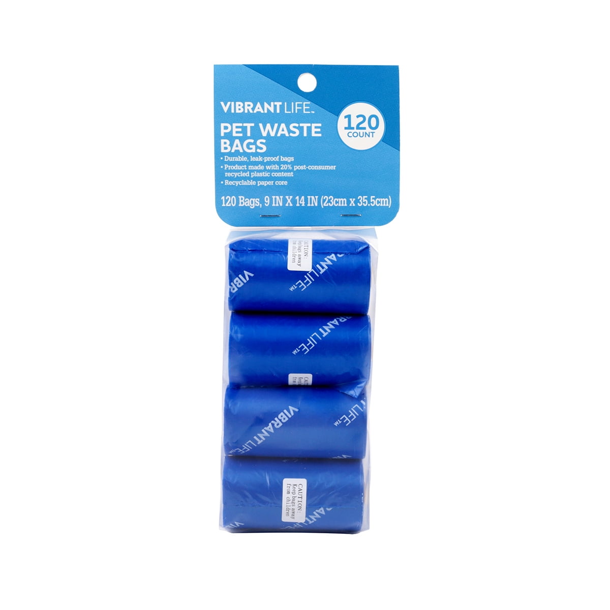 (4 pack) Vibrant Life Dog Waste Bags Refills, Total 120 Count on 8 rolls, Blue, 9" x 14"