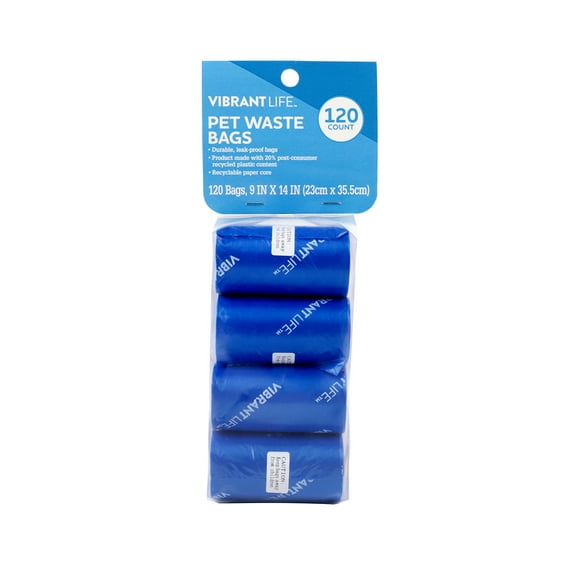 Vibrant Life Dog Waste Bags Refills, Total 120 Count on 8 rolls, Blue, 9" x 14"