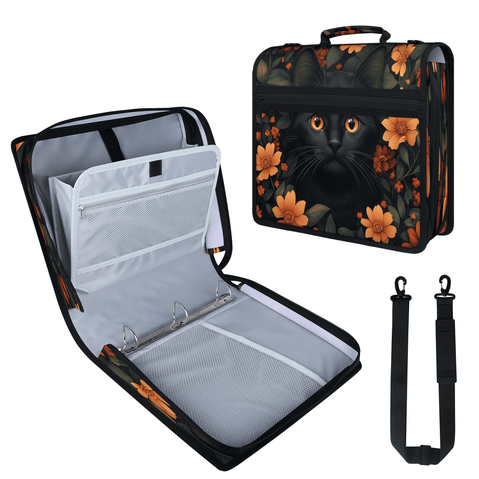 Herdesigns Black Cat Zipper Binder with Shoulder Strap, Waterproof 1.5 Inch 3 D-Ring Binder Organizer Bag, Fits 13 Inch Laptop for Work, Cute Cat