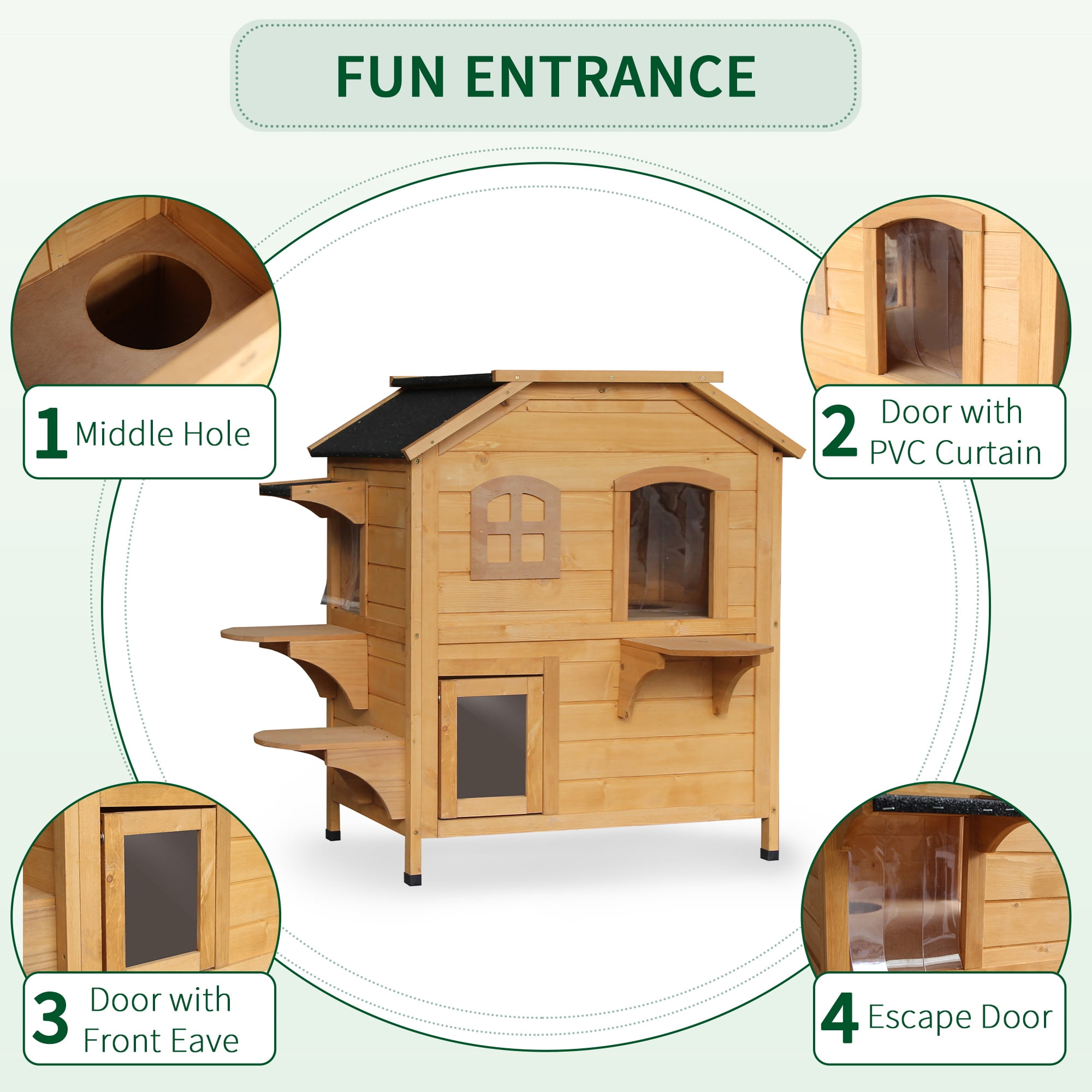 Noaman PawHut 2-Story Outdoor Cat House, Weatherproof Wooden Cat Enclosure for Feral Cats with Escape Door, Openable Roof, Jumping Platforms, Natural Wood, 35"L x 29.1"W x 6.2"H, 37lbs