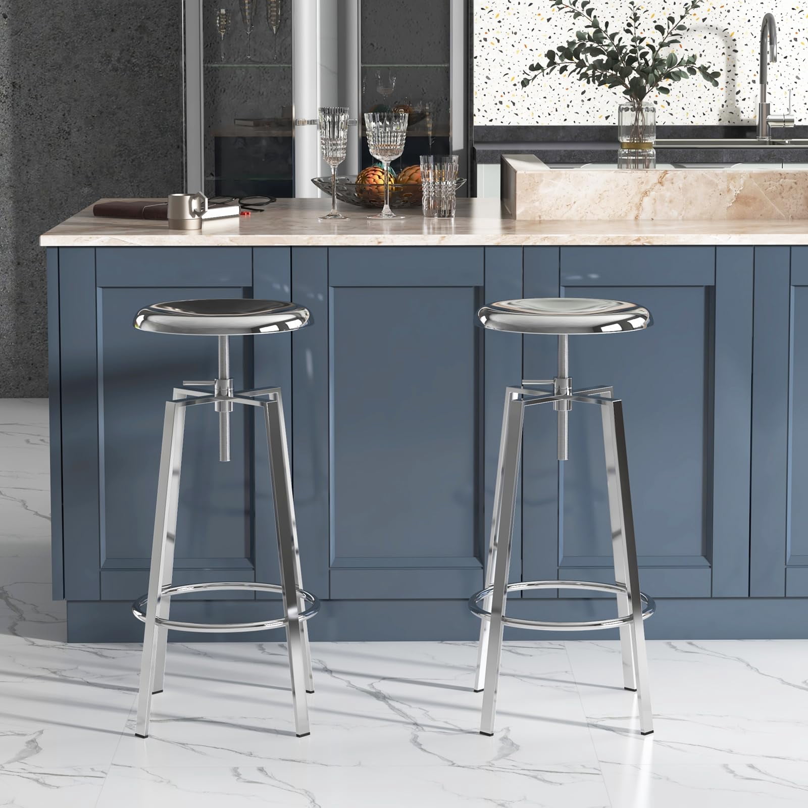 Chrome Bar Stools Set of 2, Backless Counter Height Swivel Bar Stools for Kitchen Island, Modern Round Barstools Counter Stool (Chrome)