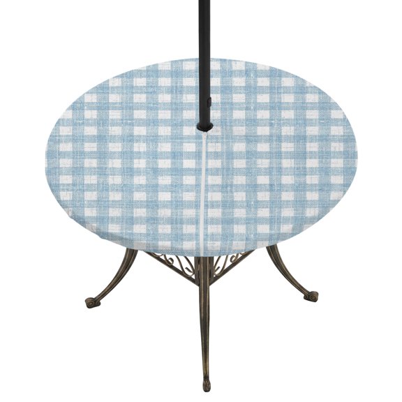 Round Outdoor Tablecloth with Umbrella Hole and Zipper, Blue Farmhouse Check Tablecloth with Elastic Waterproof, Buffalo Plaid Boho Vintage Rustic Patio Table Covers for 31" - 35" Picnic Pool Tables