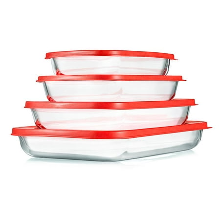 

4 Sets Glass Bakeware - High Borosilicate Rectangular Glass Baking Dish w/ Free PE Lids Freezer-to-Oven Home Kitchen Bake Casserole Food Storage Stackable Tray Pan