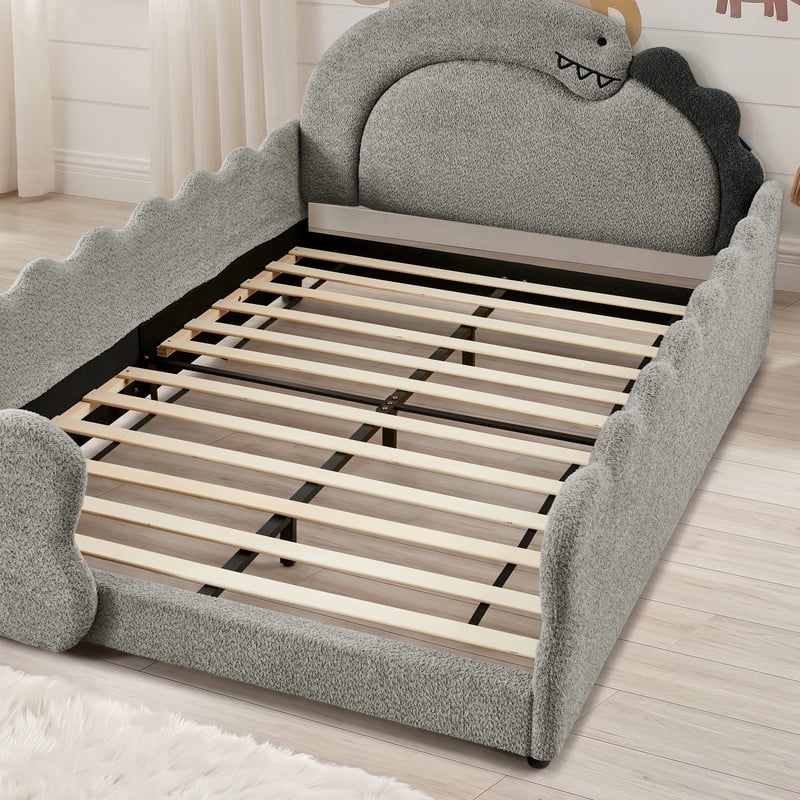 Full Size Kids Dinosaur-Shaped Platform Bed with Guardrails, Low-Profile Upholstered Boucle Fabric Playful Child Daybed Frame