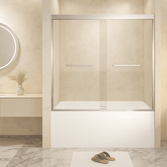 56-60" x 60" Tempered Glass with Explosion Proof Film, Aluminum Frame Double Sliding Shower Door, "1/4 (6 mm), Stainless Steel handle,Brushed Nickel