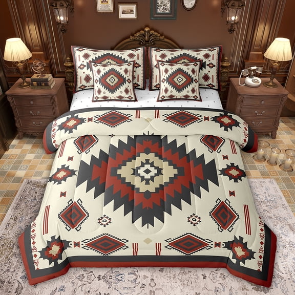Feelyou Red Vintage Aztec Bedding Comforter Set 7pcs, Bohemian Triangle Abstract Queen Bedding Sets, Teens Women Men Reversible Queen Sheet Sets, Super Cozy Room Decor