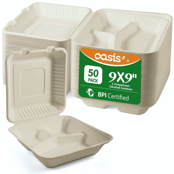 OasisSN Compostable 3-Compartment Clamshell Take Out Food Containers - 9x9" 50-Pack, Biodegradable Sugarcane To Go Boxes, Heavy Duty Paper Container - Microwave & Freezer Safe, Stackable
