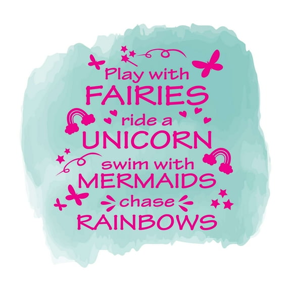 Girls Ride A Unicorn Motivational Quote Wall Decal Decoration Play With Fairiees Girls Quote Cute Rainbows Butterflies Stars Lasts Years and Easily Removable - Size: 20 In(W) x 20 In(H)